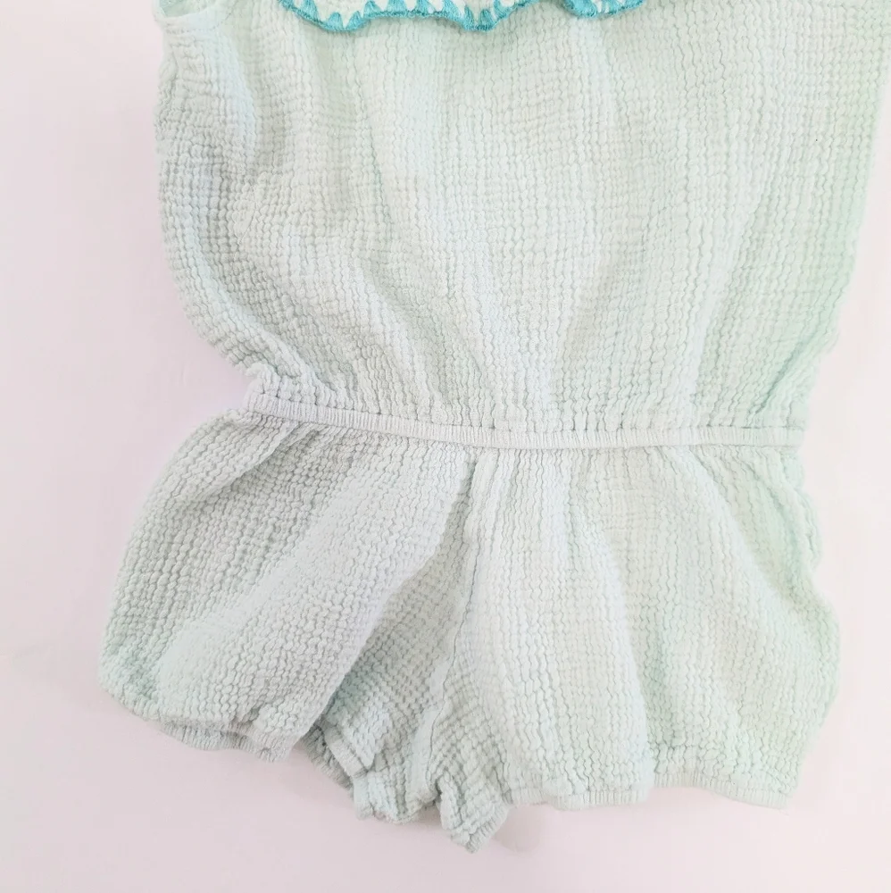 Eberjey Girls Nomad Off Shoulder Romper Ruffle Trim Shorts Gauzy Teal Blue 8